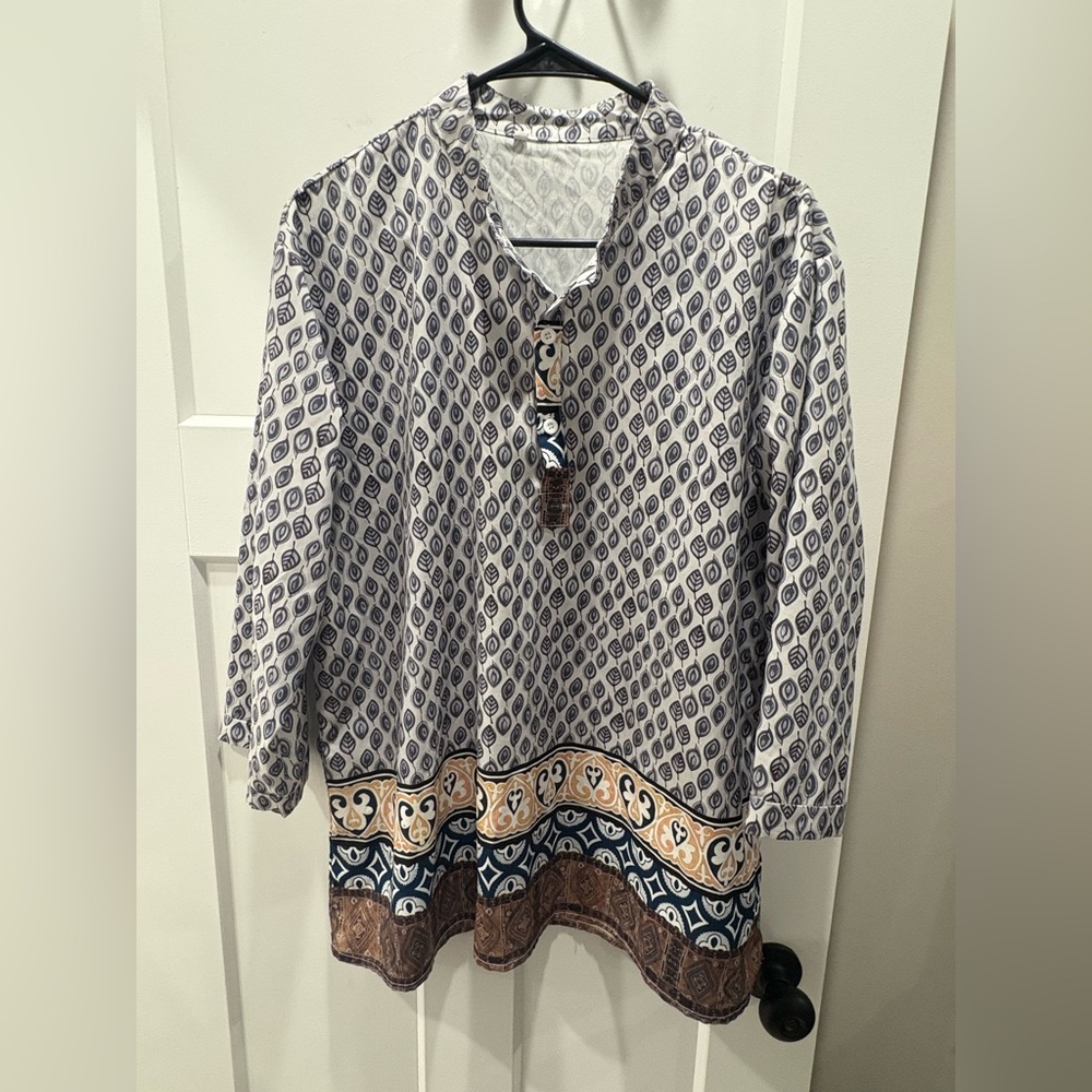 Patterned Tunic with Blue and Brown Accents